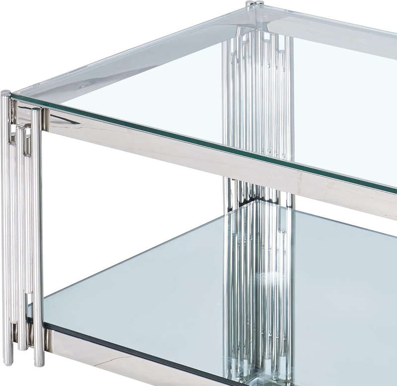 Coffee Tables -Rectangular Tempered Glass Top with Steel Frame - Silver