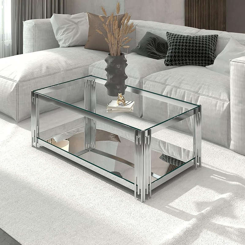 Coffee Tables -Rectangular Tempered Glass Top with Steel Frame - Silver