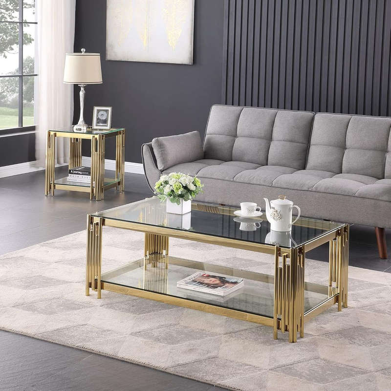 Coffee Tables -Rectangular Tempered Glass Top with Steel Frame - Gold