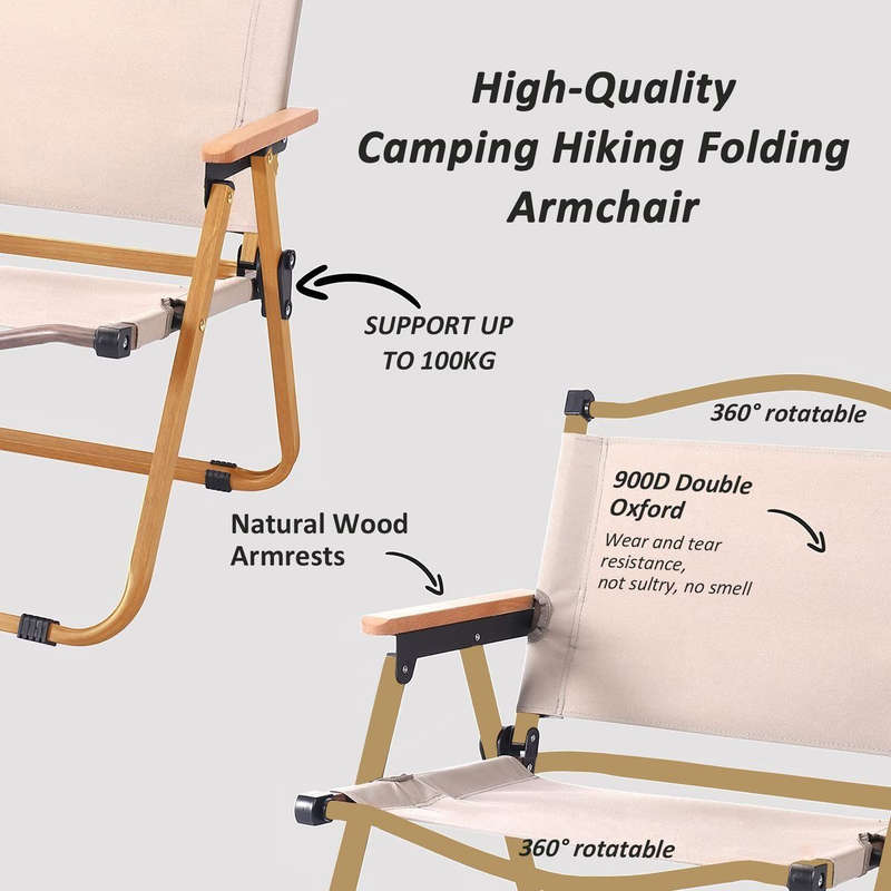 Foldable Camping/Picnic Chair -Metal Frame & Wooden Armrest -Beige