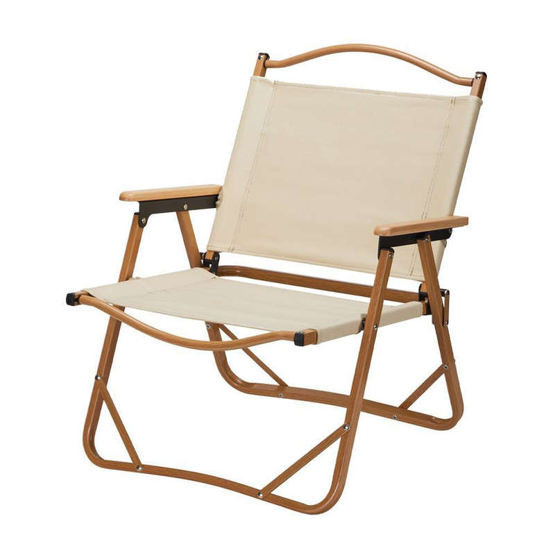 Foldable Camping/Picnic Chair -Metal Frame & Wooden Armrest -Beige
