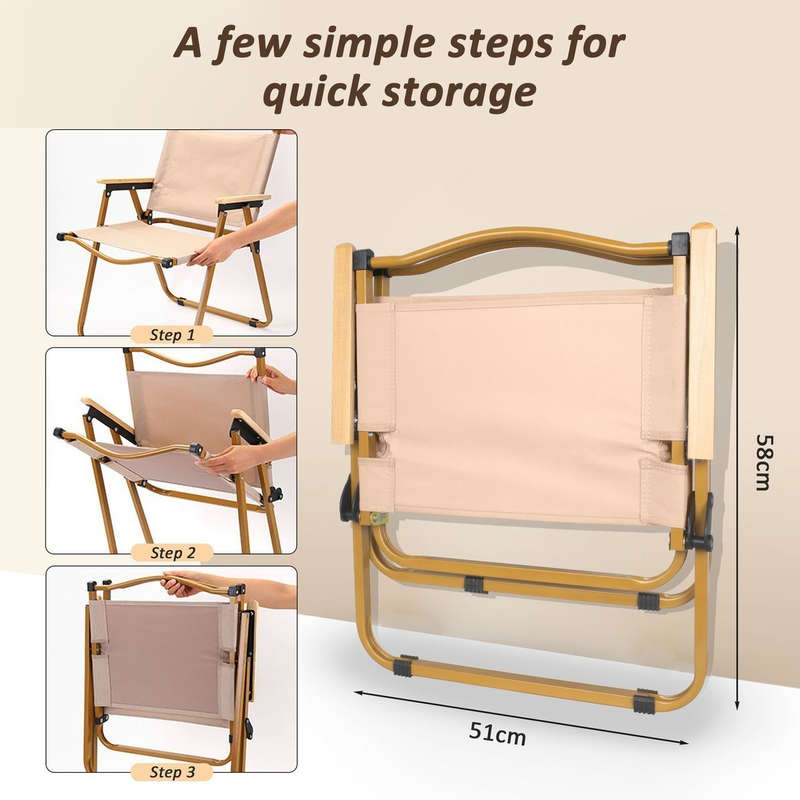 Foldable Camping/Picnic Chair -Metal Frame & Wooden Armrest -Beige