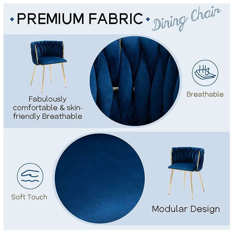 Velvet Dining Room Chair with Woven Back and Gold Metal Legs - Blue