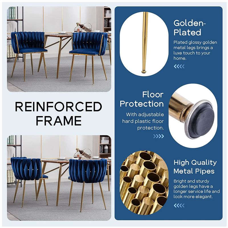 Velvet Dining Room Chair with Woven Back and Gold Metal Legs - Blue