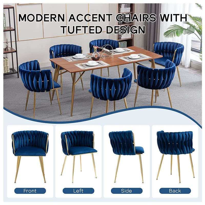 Velvet Dining Room Chair with Woven Back and Gold Metal Legs - Blue