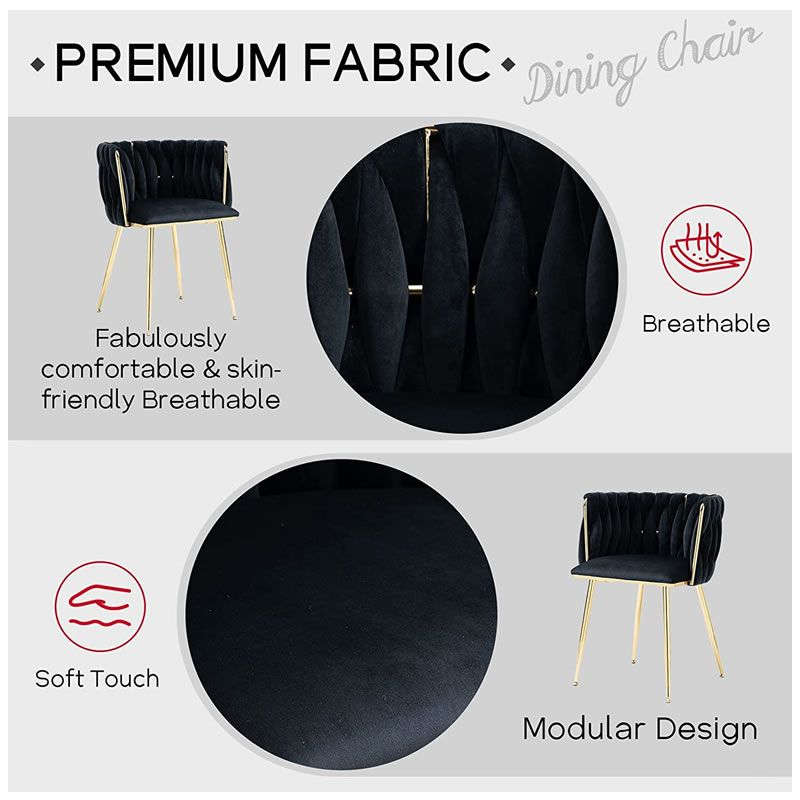 Modern Velvet Dining Room Chair with Woven Back and Gold Metal Legs - Black