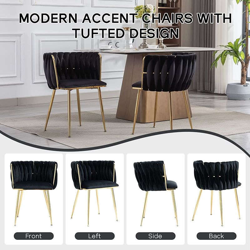 Modern Velvet Dining Room Chair with Woven Back and Gold Metal Legs - Black