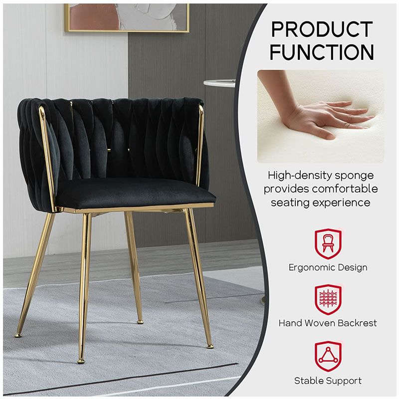 Modern Velvet Dining Room Chair with Woven Back and Gold Metal Legs - Black
