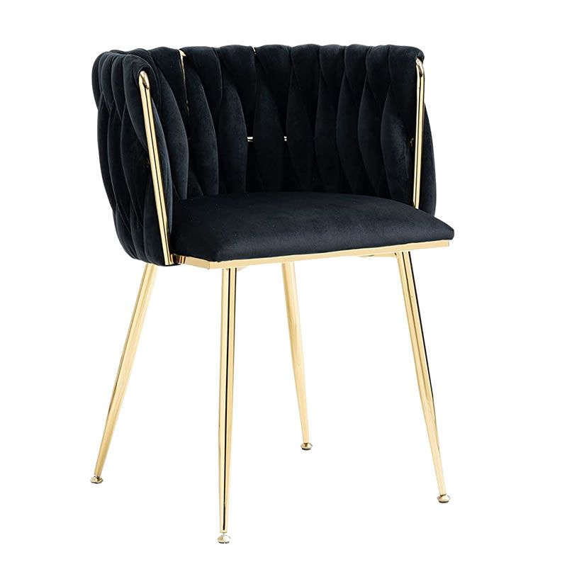 Modern Velvet Dining Room Chair with Woven Back and Gold Metal Legs - Black