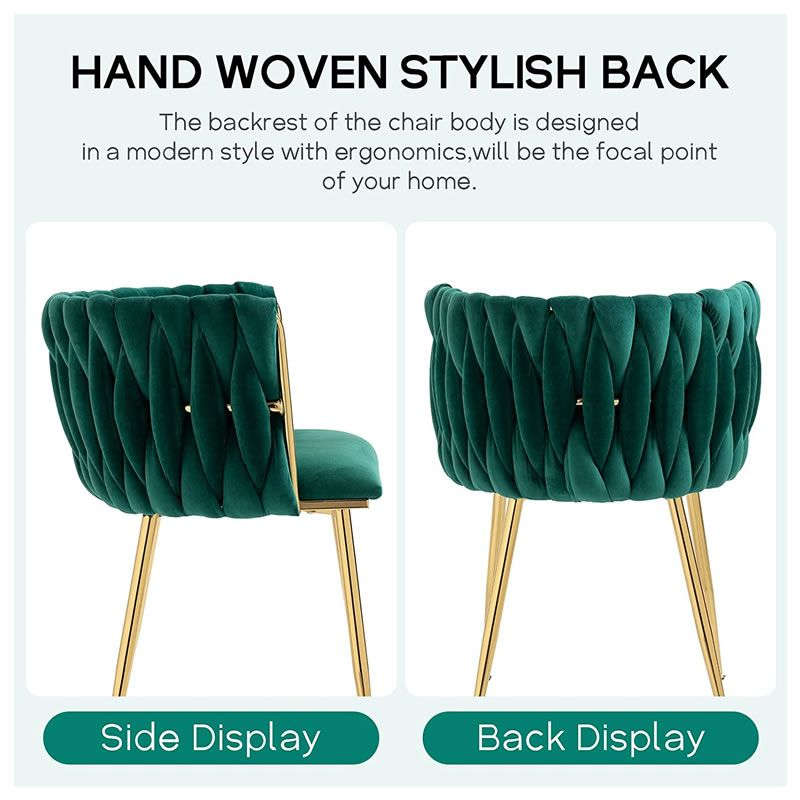 Velvet Dining Room Chair with Woven Back and Gold Metal Legs Green