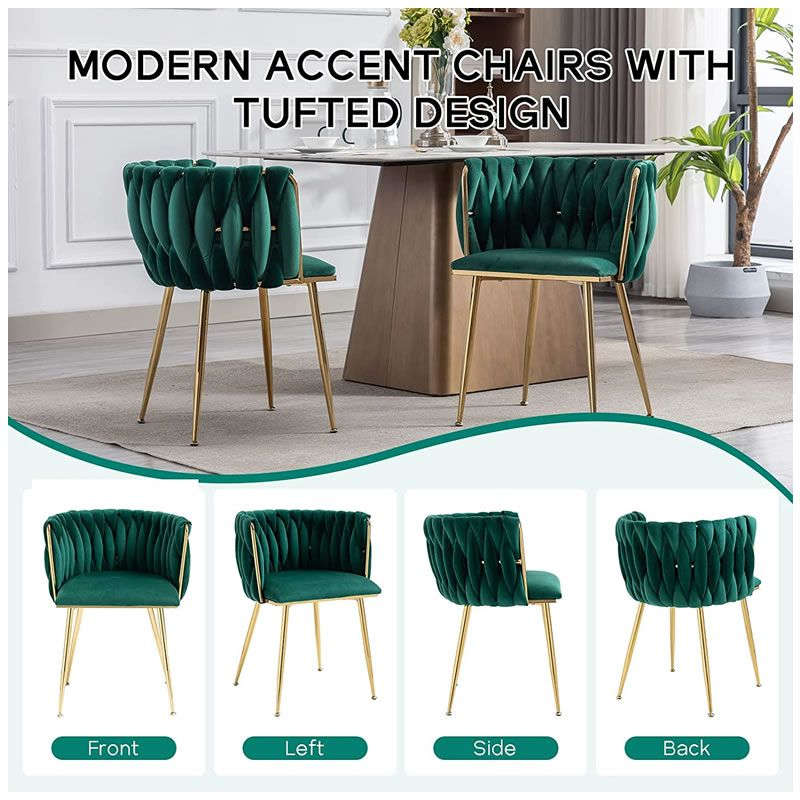 Velvet Dining Room Chair with Woven Back and Gold Metal Legs Green
