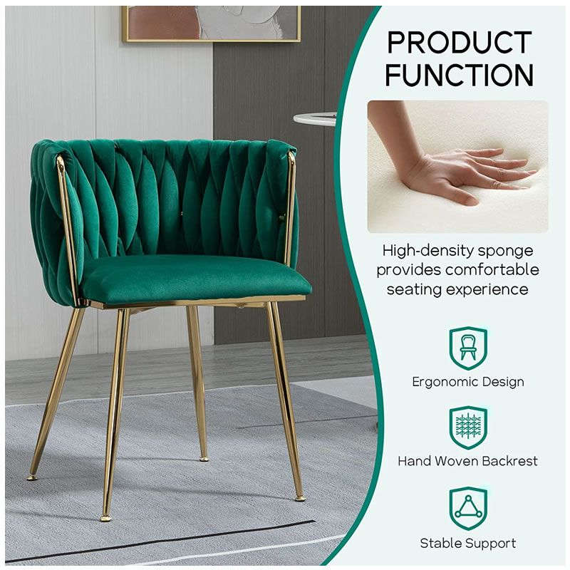 Velvet Dining Room Chair with Woven Back and Gold Metal Legs Green
