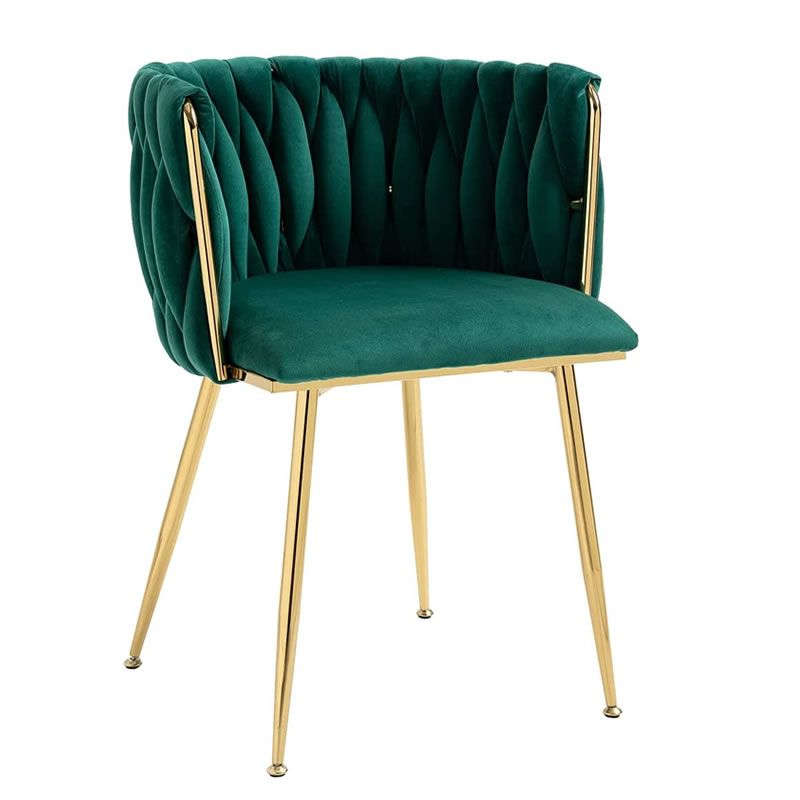 Velvet Dining Room Chair with Woven Back and Gold Metal Legs Green