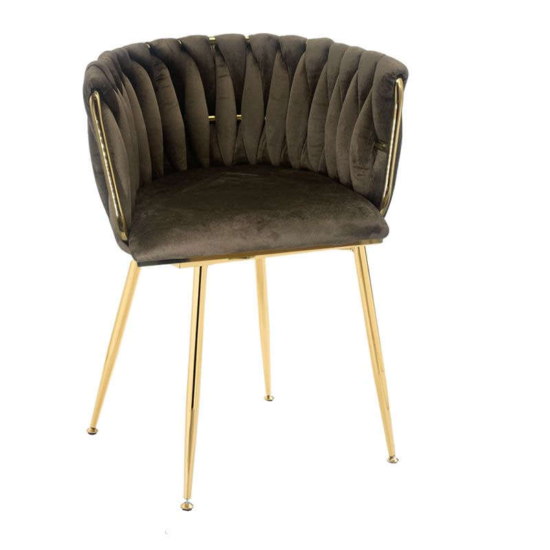 Modern Velvet Dining Room Chair with Woven Back and Gold Metal Legs - Brown