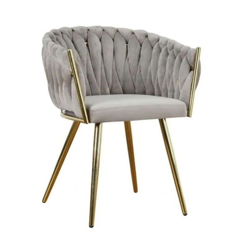 Modern Velvet Dining Room Chair with Woven Back and Gold Metal Legs - Grey