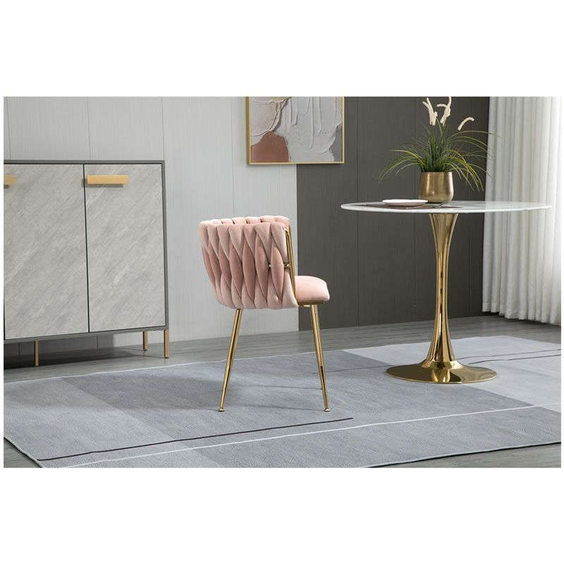 Modern Velvet Dining Room Chair with Woven Back and Gold Metal Legs - Pink