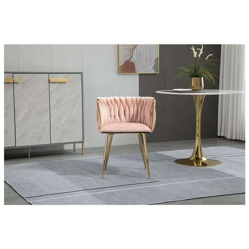 Modern Velvet Dining Room Chair with Woven Back and Gold Metal Legs - Pink