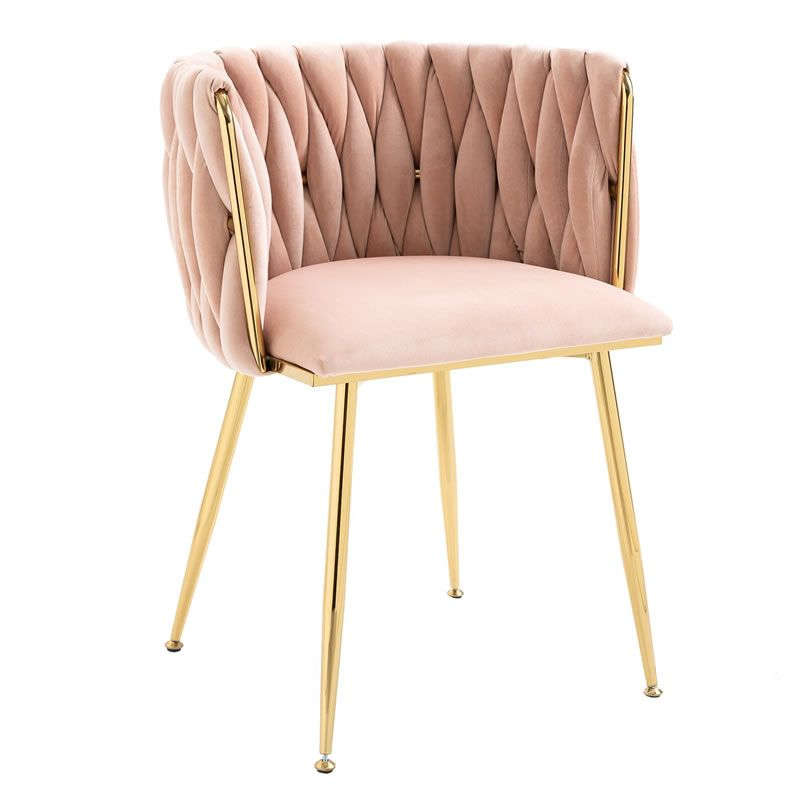 Modern Velvet Dining Room Chair with Woven Back and Gold Metal Legs - Pink