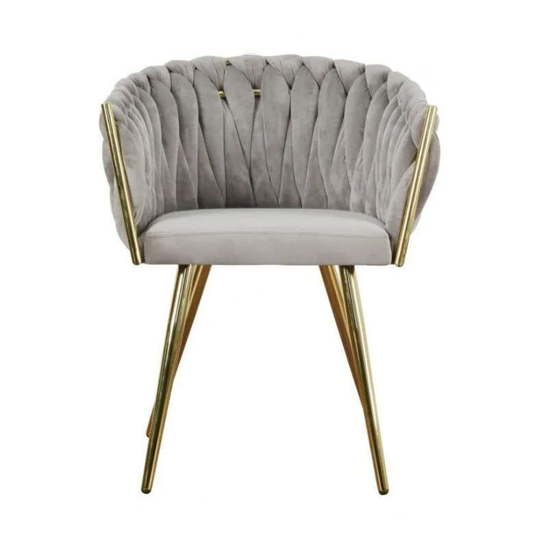Modern Velvet Dining Room Chair with Woven Back and Gold Metal Legs - Grey
