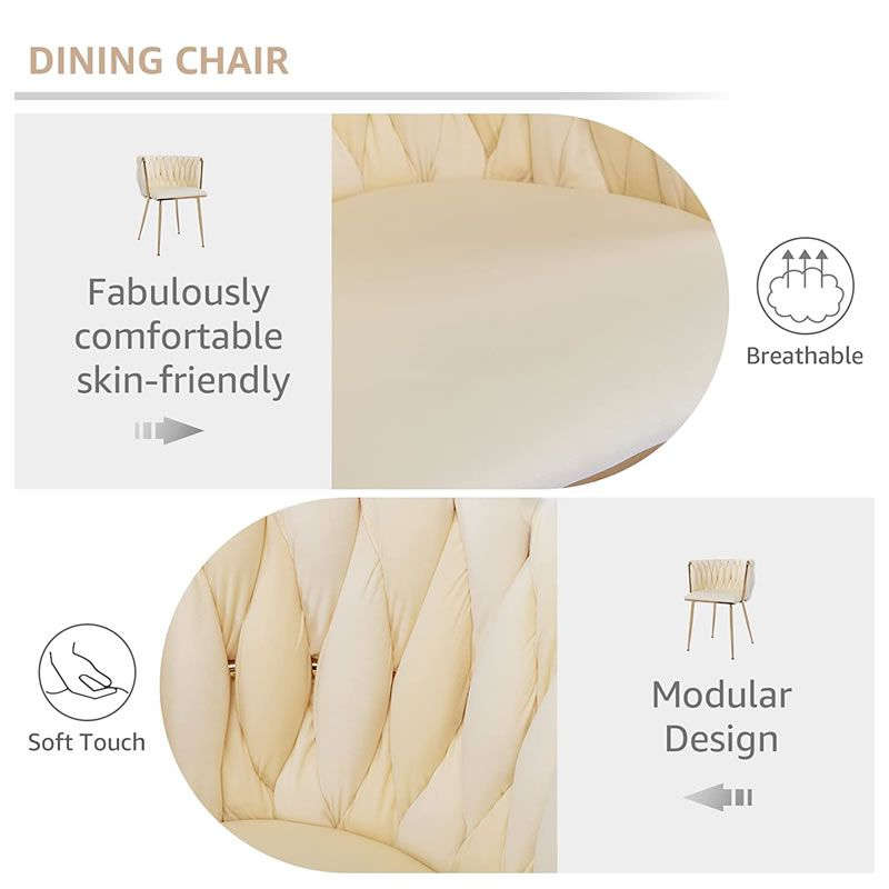 Velvet Dining Room Chair with Woven Back and Gold Metal Legs - White