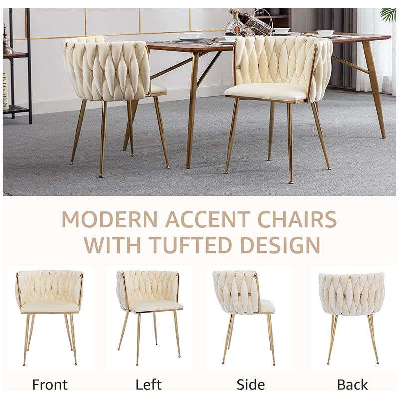 Velvet Dining Room Chair with Woven Back and Gold Metal Legs - White
