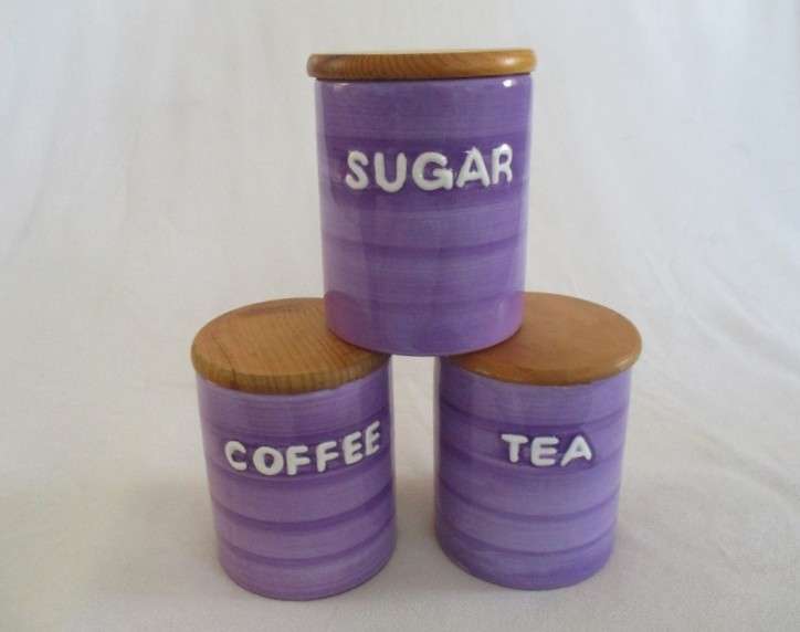 Three Kelim Yafim, Israel kitchen ceramic canisters with wooden lids - funky purple