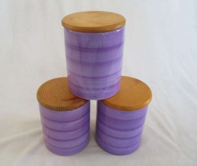 Three Kelim Yafim, Israel kitchen ceramic canisters with wooden lids - funky purple