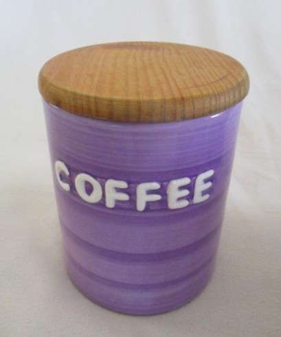 Three Kelim Yafim, Israel kitchen ceramic canisters with wooden lids - funky purple