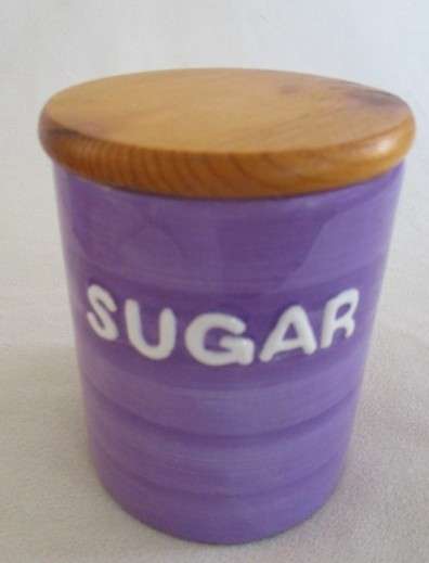 Three Kelim Yafim, Israel kitchen ceramic canisters with wooden lids - funky purple