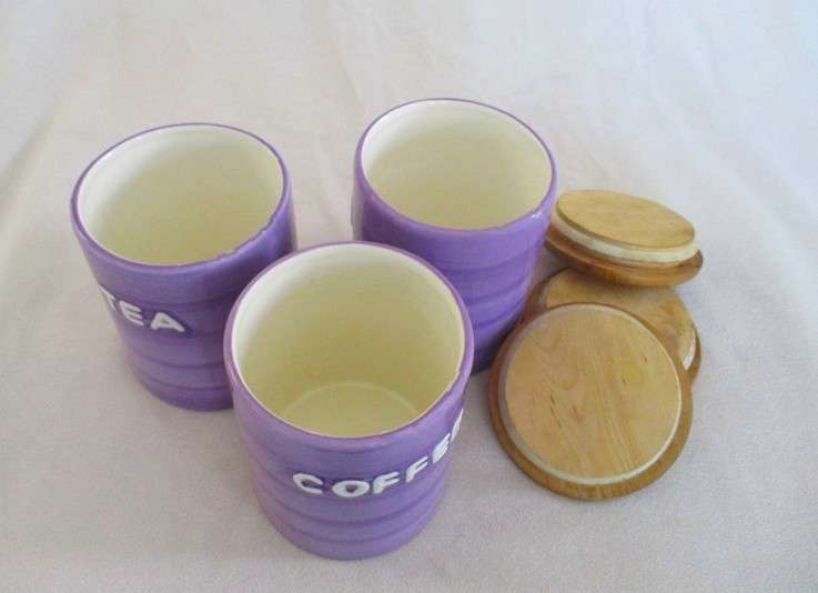 Three Kelim Yafim, Israel kitchen ceramic canisters with wooden lids - funky purple