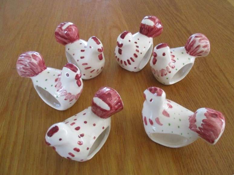All the chickens/hens in a row - six cute hand painted ceramic serviette rings - cute ornaments too!