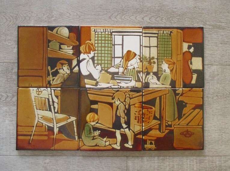 Vintage 1960`s ceramic tile mural - hand painted Liebermann tiles -  bygone kitchen scene