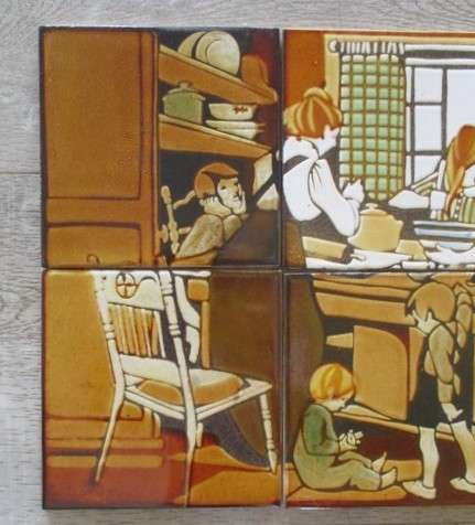 Vintage 1960`s ceramic tile mural - hand painted Liebermann tiles -  bygone kitchen scene