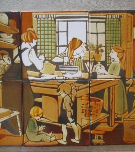 Vintage 1960`s ceramic tile mural - hand painted Liebermann tiles -  bygone kitchen scene