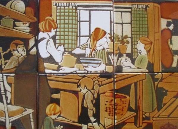 Vintage 1960`s ceramic tile mural - hand painted Liebermann tiles -  bygone kitchen scene