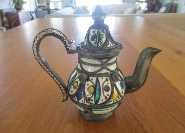 Antique Moroccan ceramic and metal filigree mint teapot - used on many an old Moroccan homefire