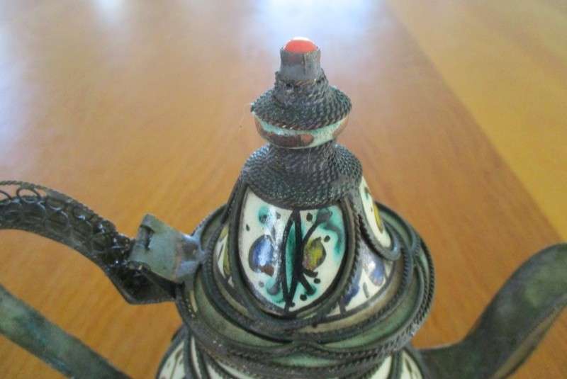 Antique Moroccan ceramic and metal filigree mint teapot - used on many an old Moroccan homefire