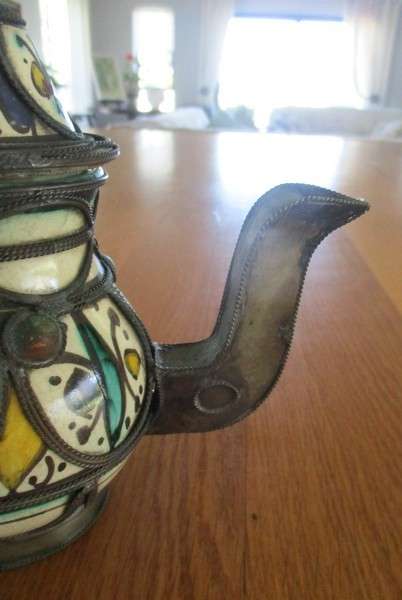 Antique Moroccan ceramic and metal filigree mint teapot - used on many an old Moroccan homefire