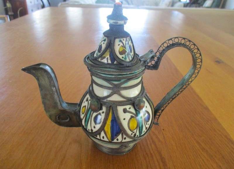 Antique Moroccan ceramic and metal filigree mint teapot - used on many an old Moroccan homefire