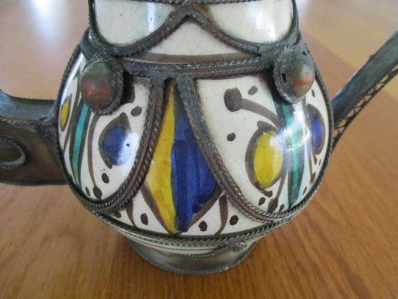 Antique Moroccan ceramic and metal filigree mint teapot - used on many an old Moroccan homefire