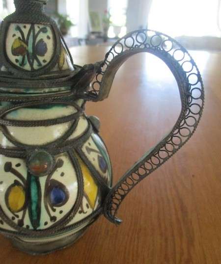 Antique Moroccan ceramic and metal filigree mint teapot - used on many an old Moroccan homefire