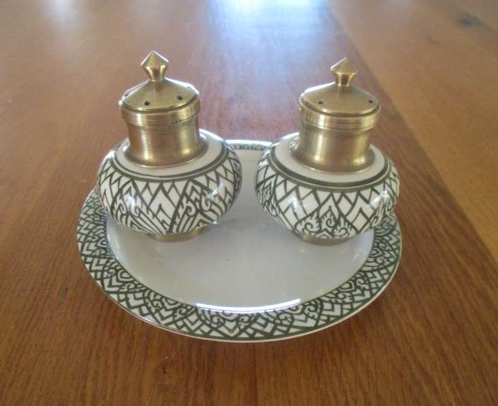 Elegant vintage Brass and porcelain salt and pepper set with "serving" plate