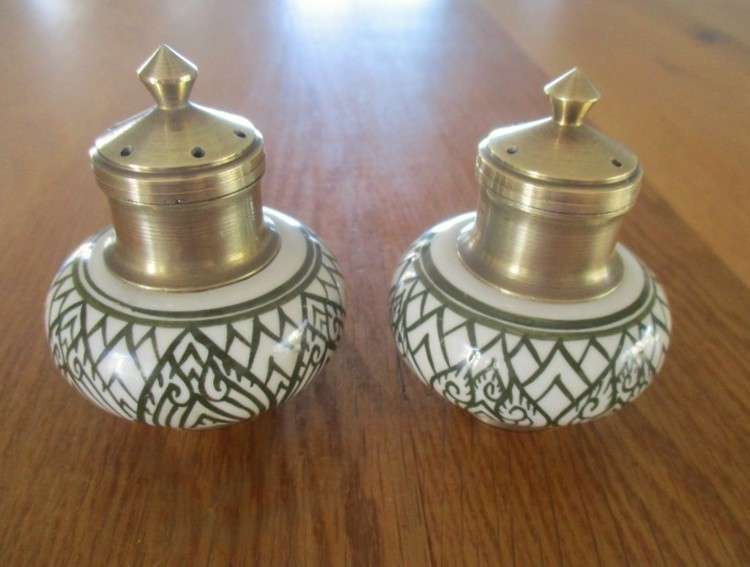 Elegant vintage Brass and porcelain salt and pepper set with "serving" plate