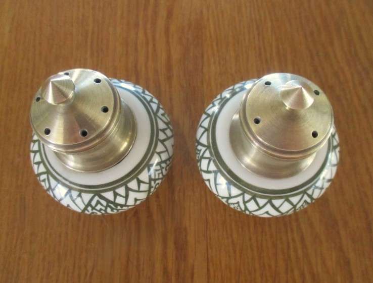Elegant vintage Brass and porcelain salt and pepper set with "serving" plate