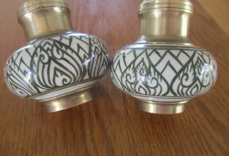 Elegant vintage Brass and porcelain salt and pepper set with "serving" plate