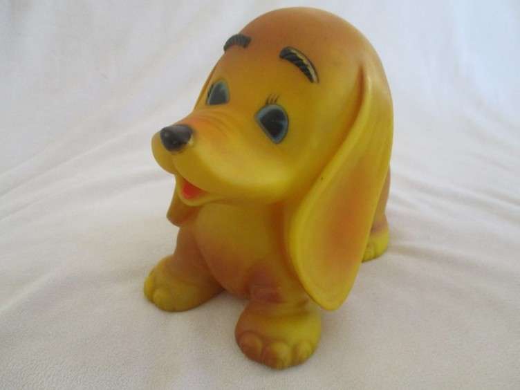 Three vintage rubber nursery toys - Dachshund, Edward Mobley Bunny and Pinocchio