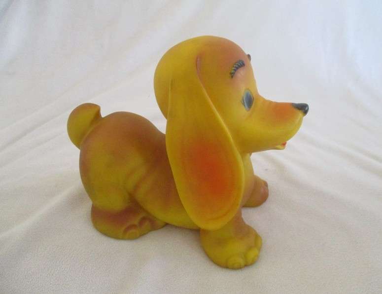 Three vintage rubber nursery toys - Dachshund, Edward Mobley Bunny and Pinocchio