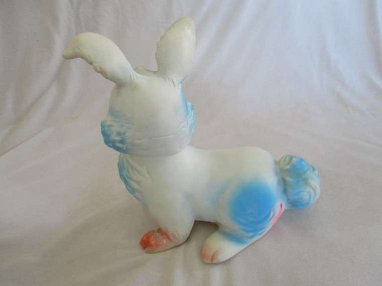 Three vintage rubber nursery toys - Dachshund, Edward Mobley Bunny and Pinocchio