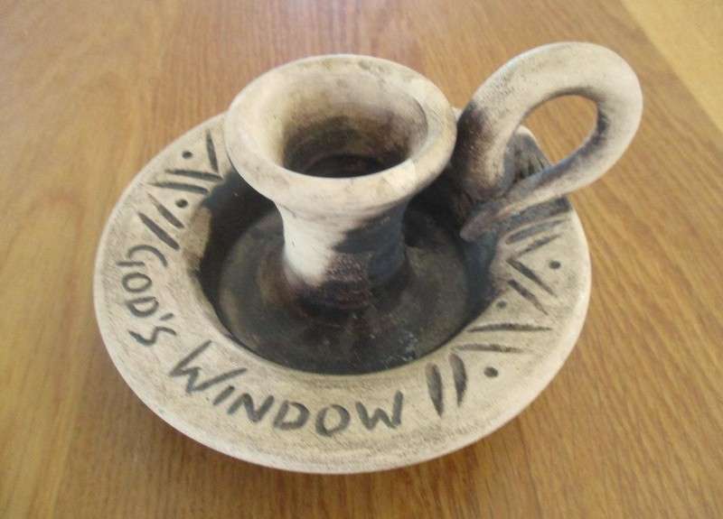 Two quaint handcrafted pottery candlesticks from God's Window - gecko and elephant