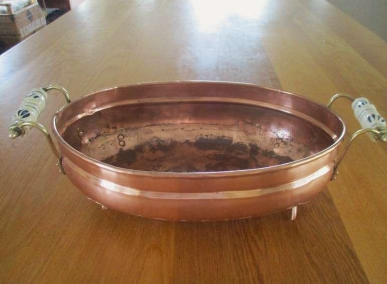 Circa 1930 - vintage large footed copper bowl/ jardiniere with blue and white delft handles